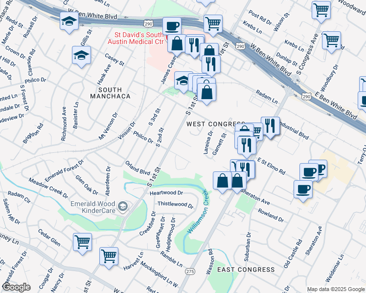 map of restaurants, bars, coffee shops, grocery stores, and more near 406 Clover Court in Austin