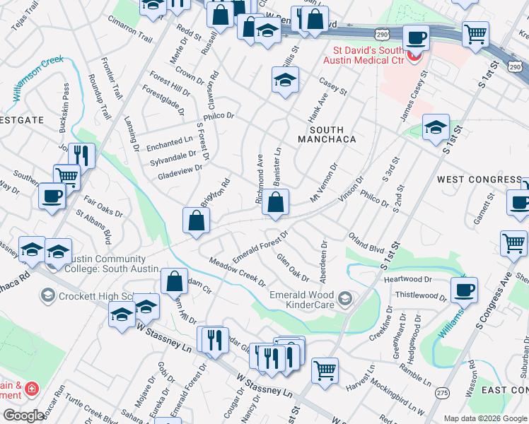 map of restaurants, bars, coffee shops, grocery stores, and more near 1301 Green Forest Drive in Austin