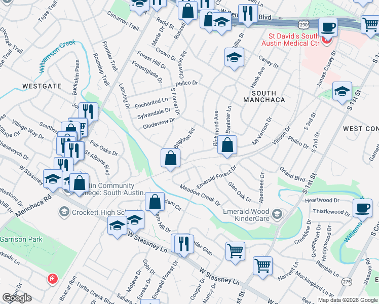 map of restaurants, bars, coffee shops, grocery stores, and more near 4909 Brighton Road in Austin