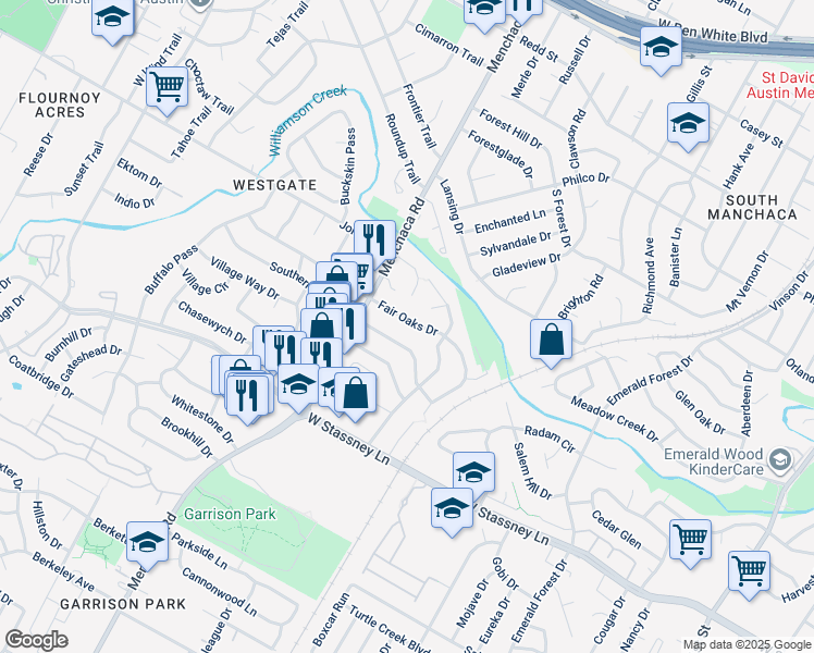 map of restaurants, bars, coffee shops, grocery stores, and more near 1900 Fair Oaks Drive in Austin