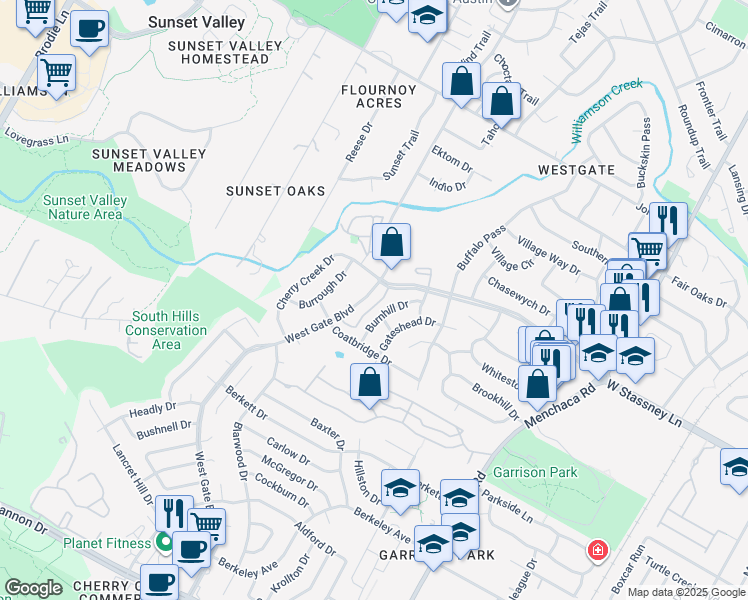 map of restaurants, bars, coffee shops, grocery stores, and more near 5700 West Gate Boulevard in Austin