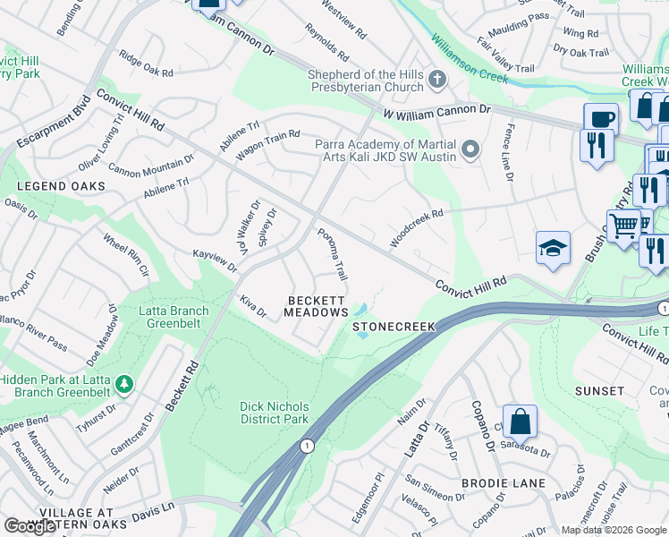 map of restaurants, bars, coffee shops, grocery stores, and more near 7406-7418 Ponoma Trail in Austin