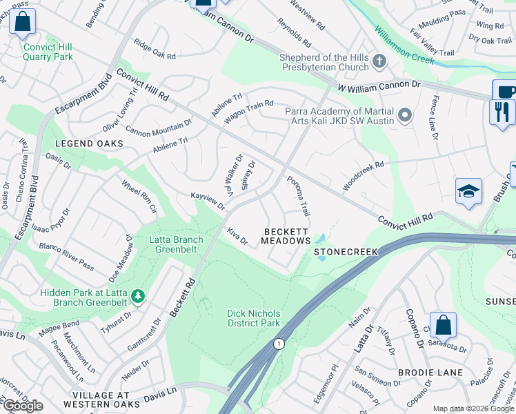 map of restaurants, bars, coffee shops, grocery stores, and more near 7601-7609 Amanda Ellis Way in Austin