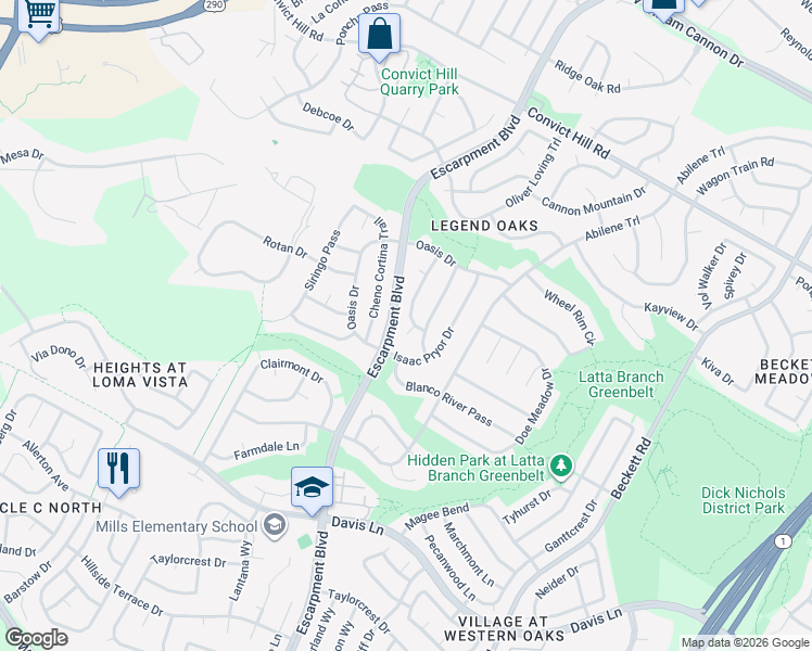 map of restaurants, bars, coffee shops, grocery stores, and more near 7901 Escarpment Boulevard in Austin