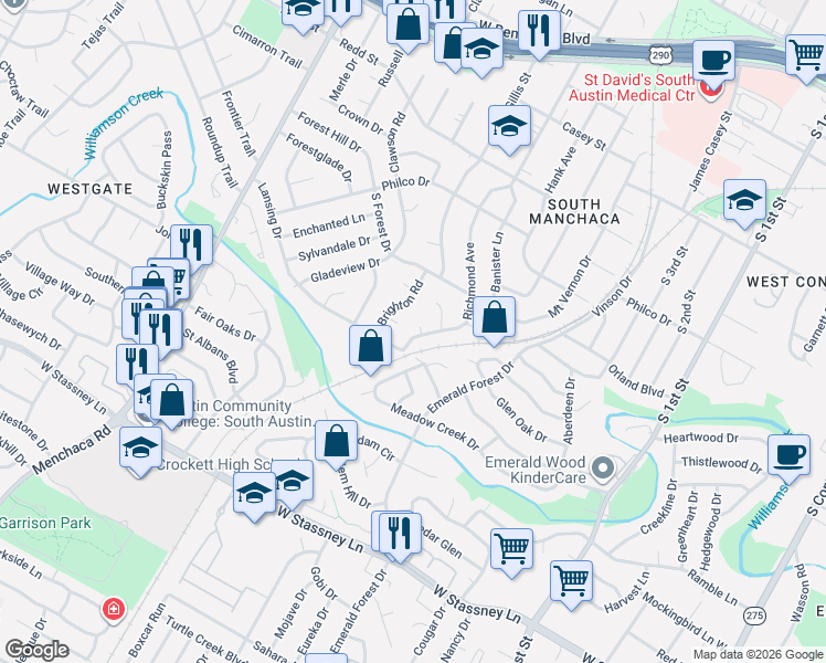 map of restaurants, bars, coffee shops, grocery stores, and more near 4909 Brighton Road in Austin