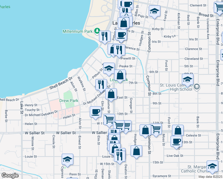 map of restaurants, bars, coffee shops, grocery stores, and more near 1607 Ryan Street in Lake Charles