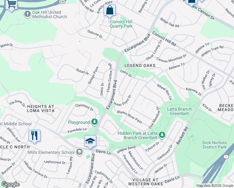 map of restaurants, bars, coffee shops, grocery stores, and more near 7901 Escarpment Boulevard in Austin