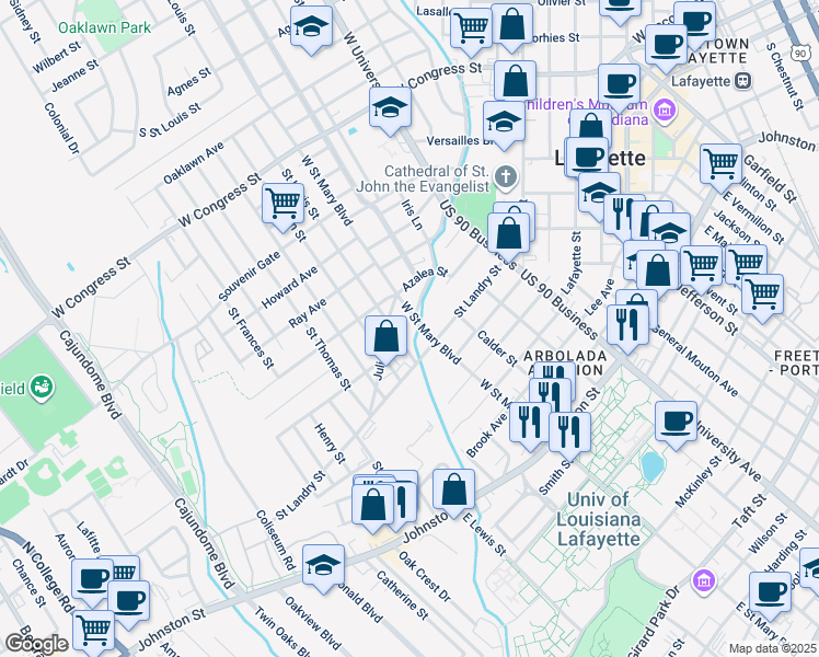 map of restaurants, bars, coffee shops, grocery stores, and more near 805 West Saint Mary Boulevard in Lafayette