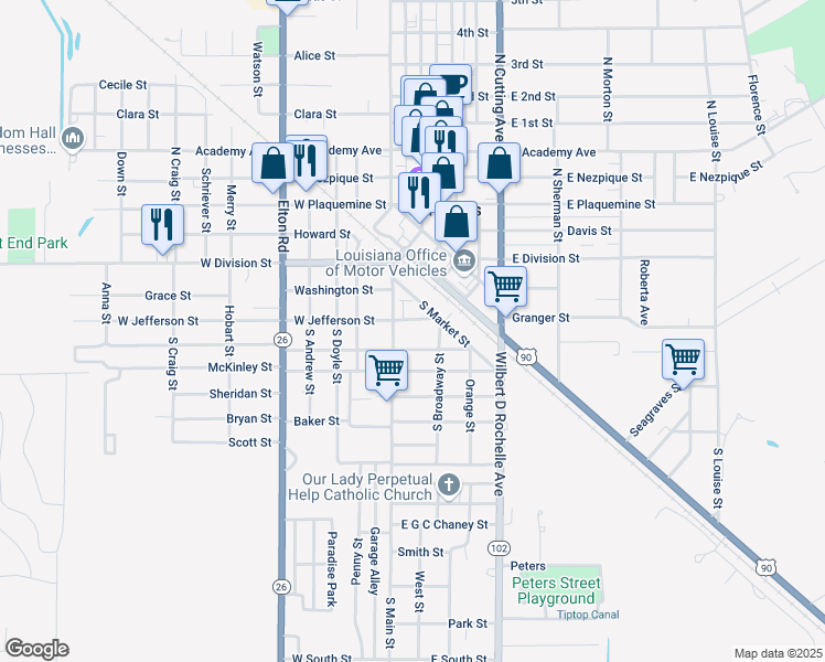 map of restaurants, bars, coffee shops, grocery stores, and more near 101-299 South Market Street in Jennings