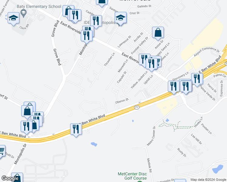 map of restaurants, bars, coffee shops, grocery stores, and more near 2203 Theseus Pass in Austin