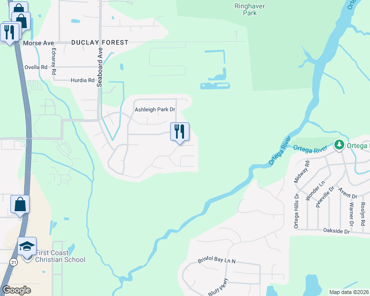 map of restaurants, bars, coffee shops, grocery stores, and more near 5423 Shady Pine Street South in Jacksonville