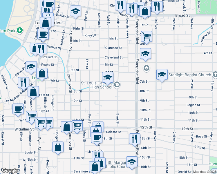 map of restaurants, bars, coffee shops, grocery stores, and more near 1620 Bank Street in Lake Charles