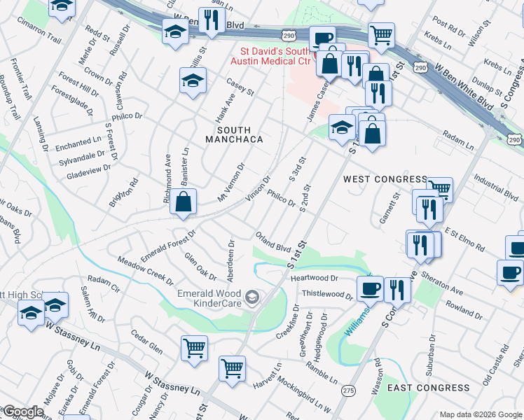 map of restaurants, bars, coffee shops, grocery stores, and more near 4610 Englewood Drive in Austin