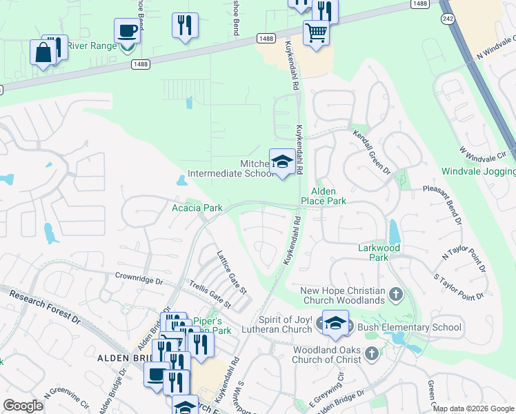 map of restaurants, bars, coffee shops, grocery stores, and more near 46 West Gaslight Place in Spring