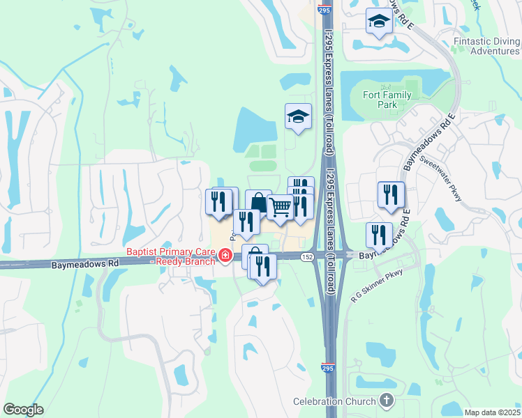 map of restaurants, bars, coffee shops, grocery stores, and more near 8150 Point Meadows Drive in Jacksonville
