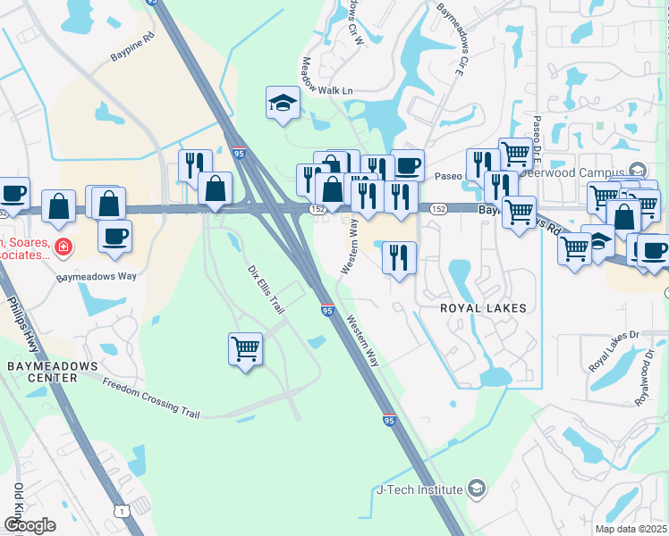 map of restaurants, bars, coffee shops, grocery stores, and more near 8300 Western Way in Jacksonville