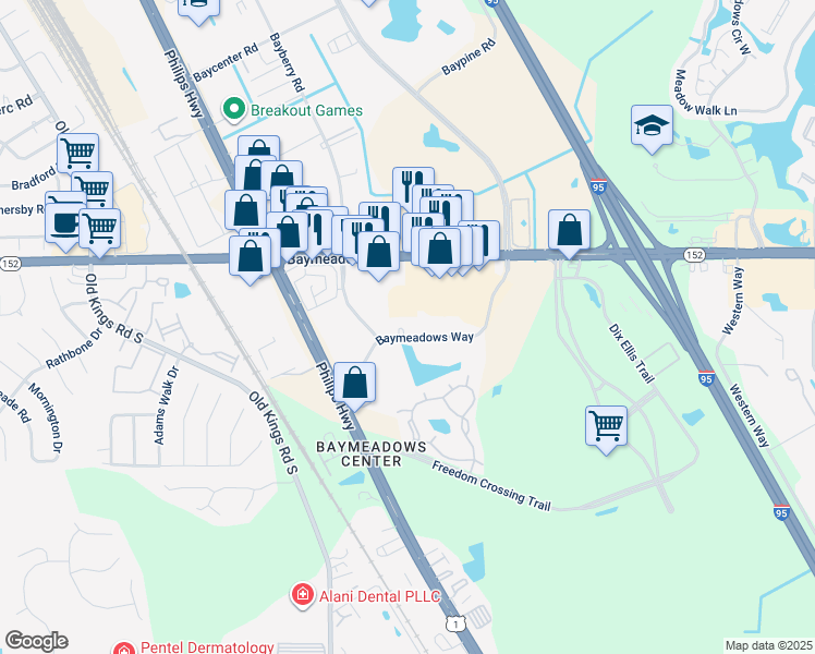 map of restaurants, bars, coffee shops, grocery stores, and more near 8421 Baymeadows Way in Jacksonville