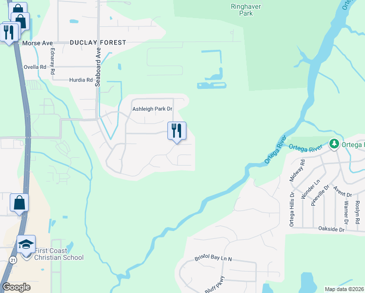 map of restaurants, bars, coffee shops, grocery stores, and more near 5423 Shady Pine Street South in Jacksonville