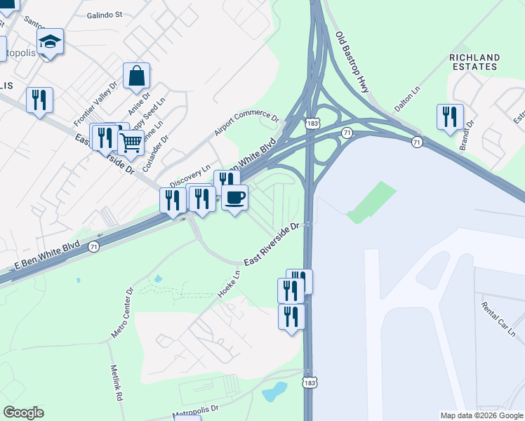 map of restaurants, bars, coffee shops, grocery stores, and more near 12 Royal Palms Drive in Austin