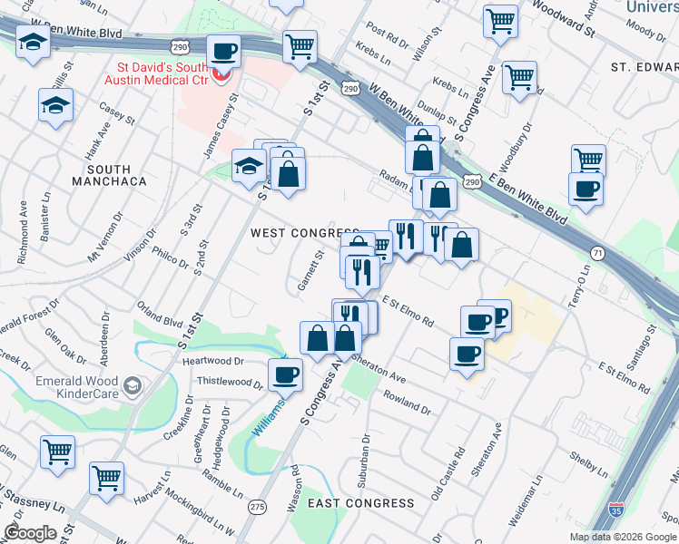 map of restaurants, bars, coffee shops, grocery stores, and more near 144 1/2 West Saint Elmo Road in Austin