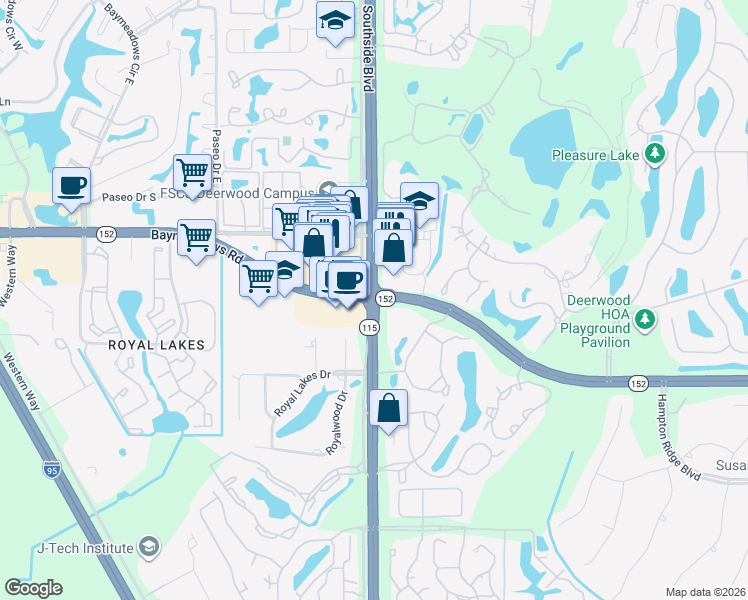 map of restaurants, bars, coffee shops, grocery stores, and more near Southside Blvd & Baymeadows Rd in Jacksonville