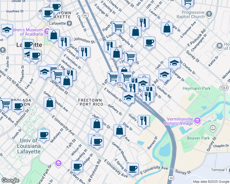 map of restaurants, bars, coffee shops, grocery stores, and more near 120 East Clinton Street in Lafayette