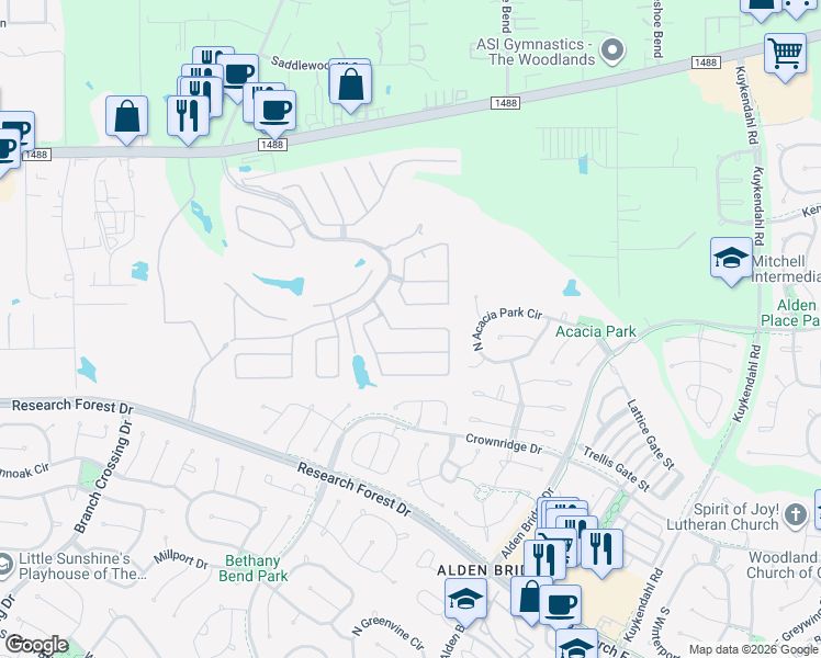 map of restaurants, bars, coffee shops, grocery stores, and more near 229 Friesian Lane in Spring