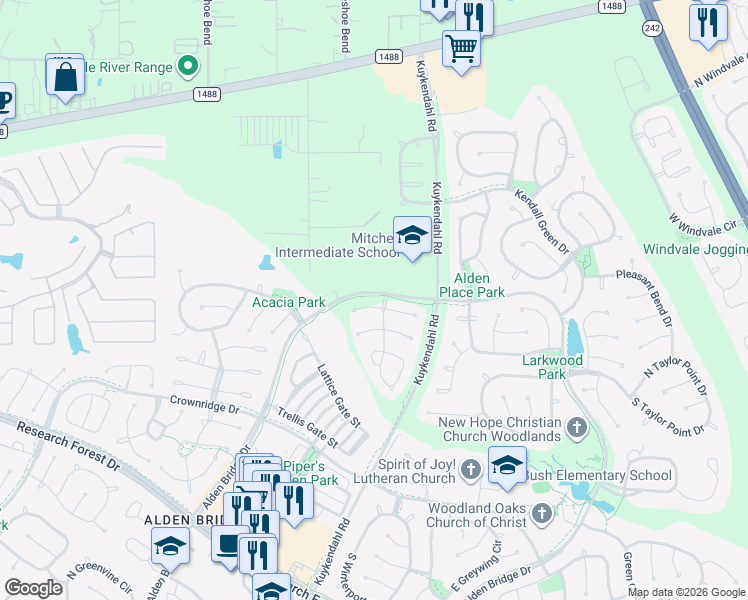 map of restaurants, bars, coffee shops, grocery stores, and more near 46 West Gaslight Place in Spring