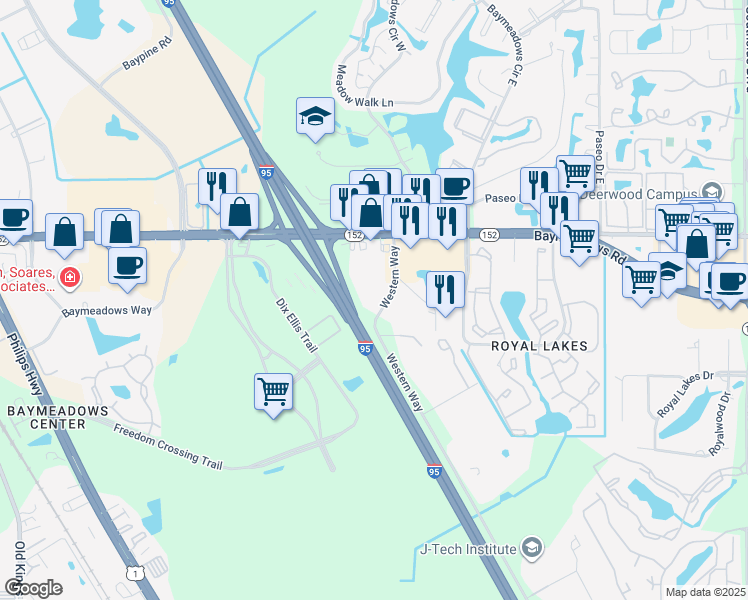 map of restaurants, bars, coffee shops, grocery stores, and more near 8300 Western Way in Jacksonville