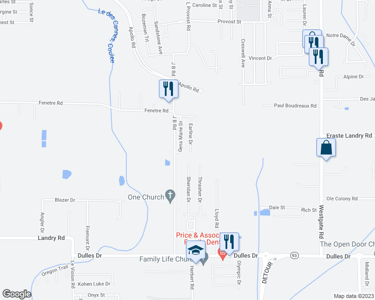 map of restaurants, bars, coffee shops, grocery stores, and more near 144 Earline Drive in Lafayette