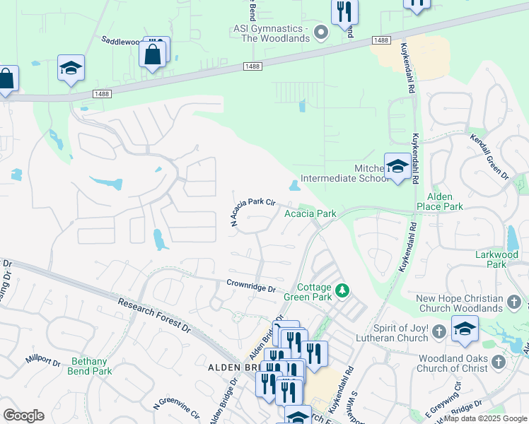 map of restaurants, bars, coffee shops, grocery stores, and more near 119 North Acacia Park Circle in The Woodlands