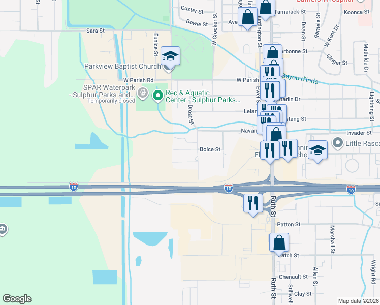 map of restaurants, bars, coffee shops, grocery stores, and more near 705 Boice Street in Sulphur