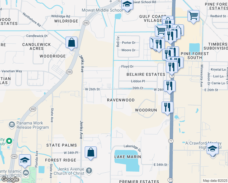 map of restaurants, bars, coffee shops, grocery stores, and more near 2604 Ravenwood Court in Lynn Haven