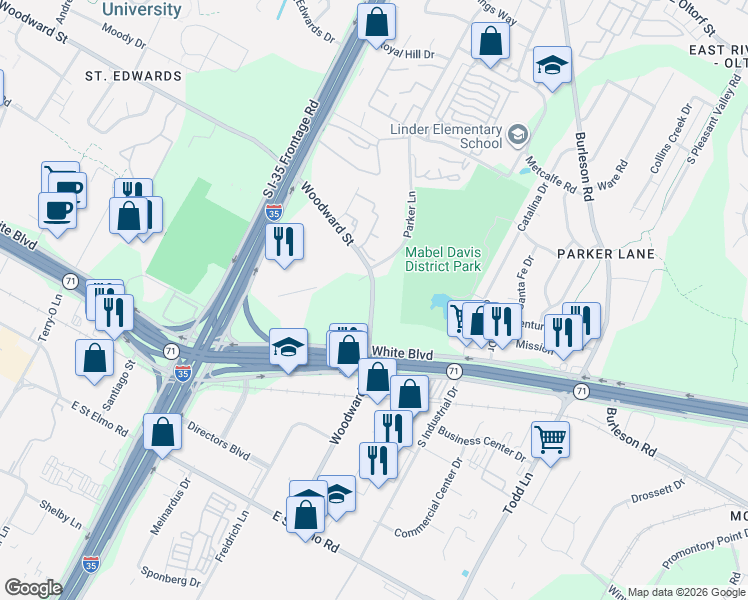 map of restaurants, bars, coffee shops, grocery stores, and more near 2000 Woodward Street in Austin