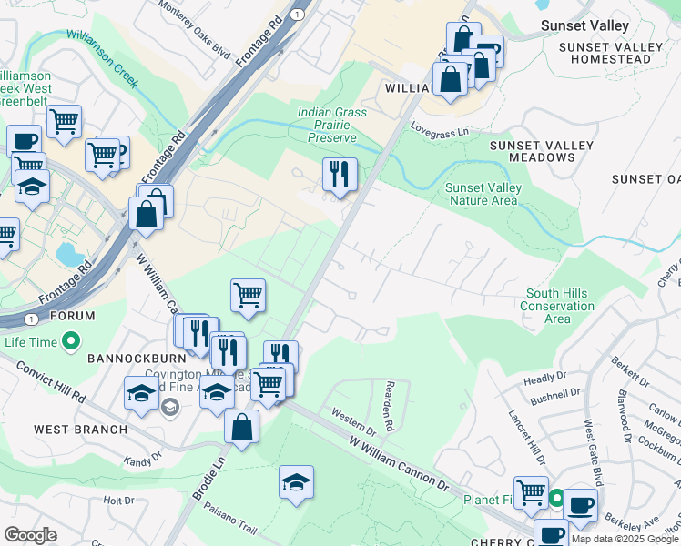 map of restaurants, bars, coffee shops, grocery stores, and more near 6401 Brodie Lane in Sunset Valley