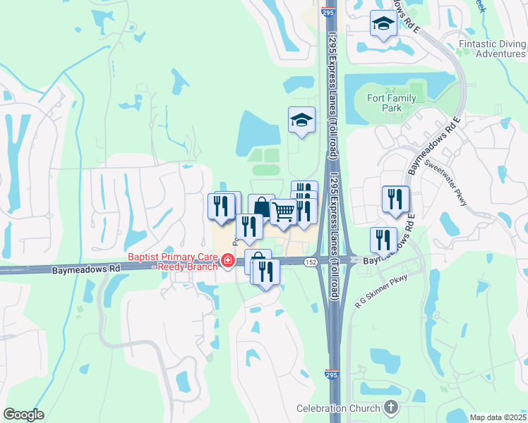 map of restaurants, bars, coffee shops, grocery stores, and more near 8150 Point Meadows Drive in Jacksonville