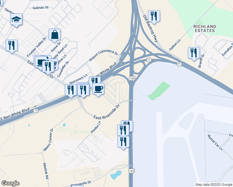 map of restaurants, bars, coffee shops, grocery stores, and more near 12 Royal Palms Drive in Austin