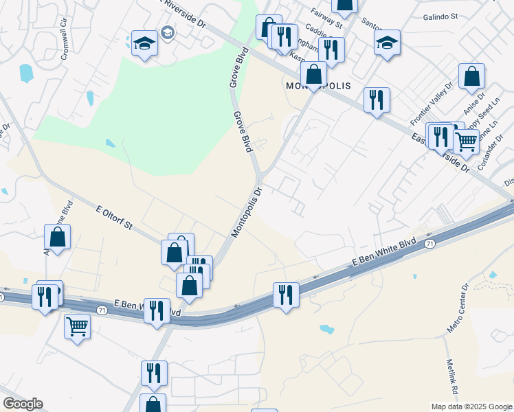 map of restaurants, bars, coffee shops, grocery stores, and more near 2507 Montopolis Drive in Austin