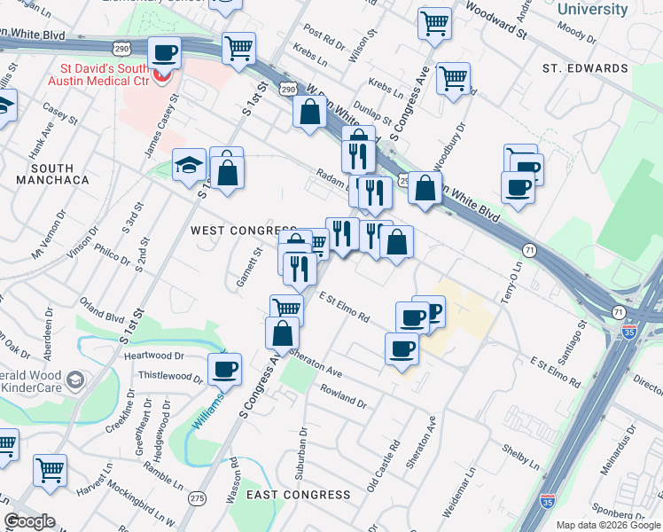 map of restaurants, bars, coffee shops, grocery stores, and more near 4320 Texas 275 Loop in Austin