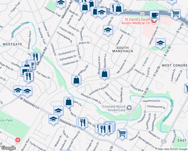 map of restaurants, bars, coffee shops, grocery stores, and more near 4907 Hawk Cove in Austin