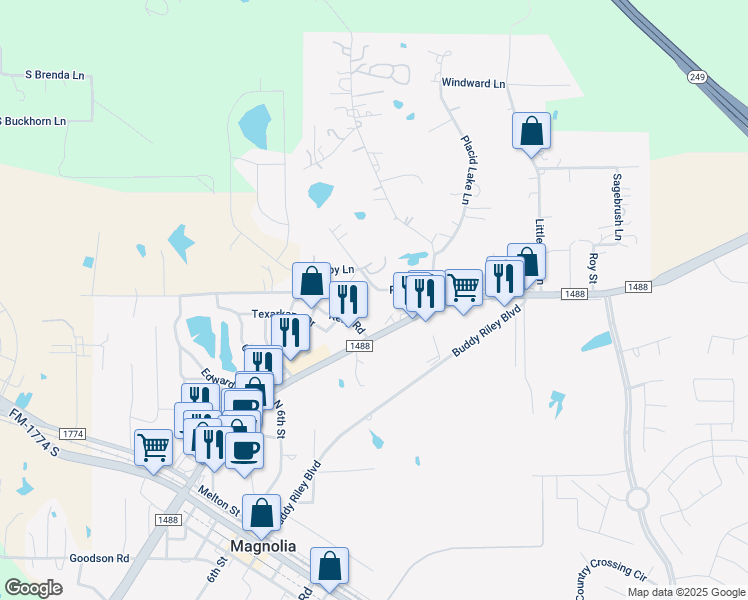 map of restaurants, bars, coffee shops, grocery stores, and more near 18101 Farm to Market Road 1488 in Magnolia