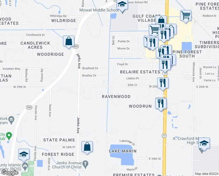 map of restaurants, bars, coffee shops, grocery stores, and more near 2602 Ravenwood Court in Lynn Haven