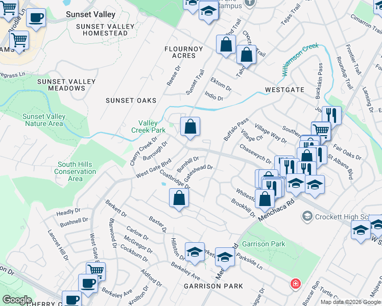 map of restaurants, bars, coffee shops, grocery stores, and more near 2550 Stoutwood Circle in Austin