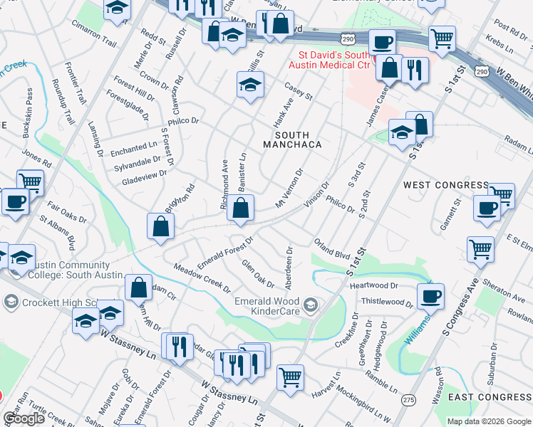 map of restaurants, bars, coffee shops, grocery stores, and more near 4717 Mount Vernon Drive in Austin