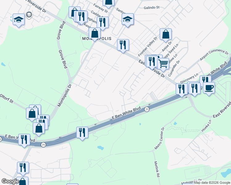 map of restaurants, bars, coffee shops, grocery stores, and more near 2306 Maxwell Lane in Austin