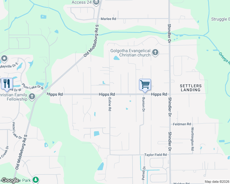 map of restaurants, bars, coffee shops, grocery stores, and more near 7050 Harrisburg Road in Jacksonville