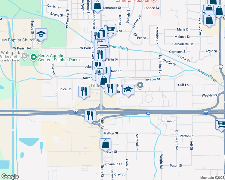 map of restaurants, bars, coffee shops, grocery stores, and more near 700 Henning Drive in Sulphur