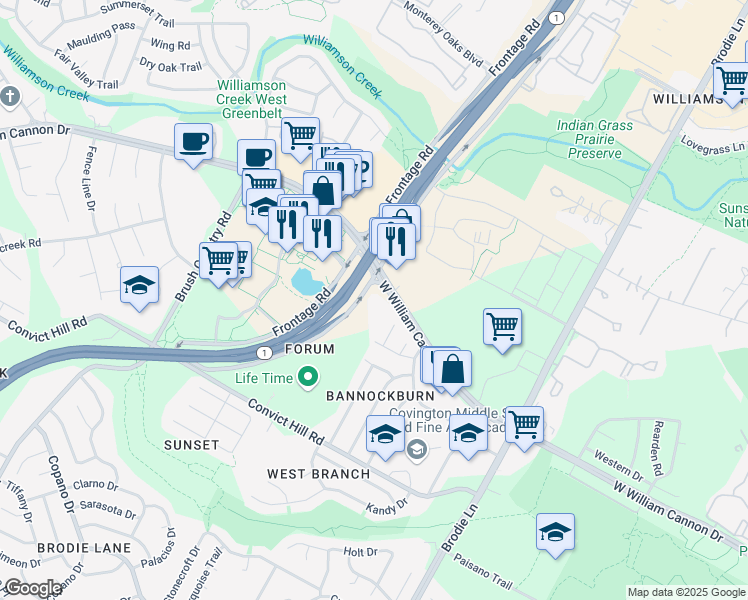 map of restaurants, bars, coffee shops, grocery stores, and more near 4001 West William Cannon Drive in Austin