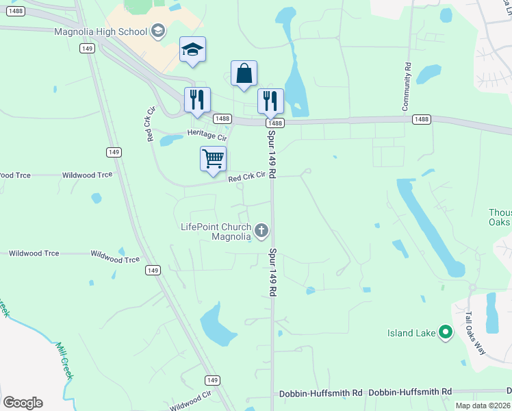map of restaurants, bars, coffee shops, grocery stores, and more near 38295 Spur 149 Road in Magnolia