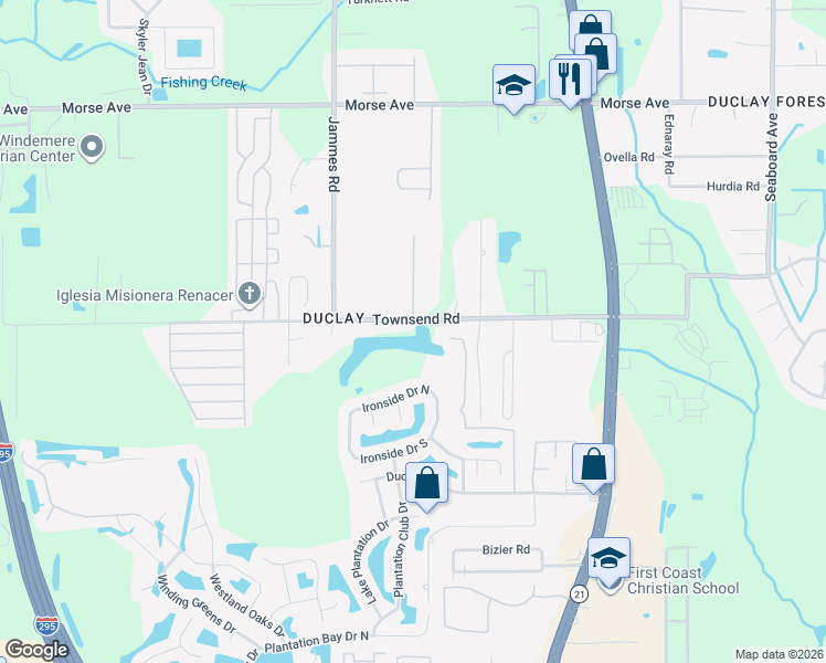 map of restaurants, bars, coffee shops, grocery stores, and more near 6178 Townsend Road in Jacksonville